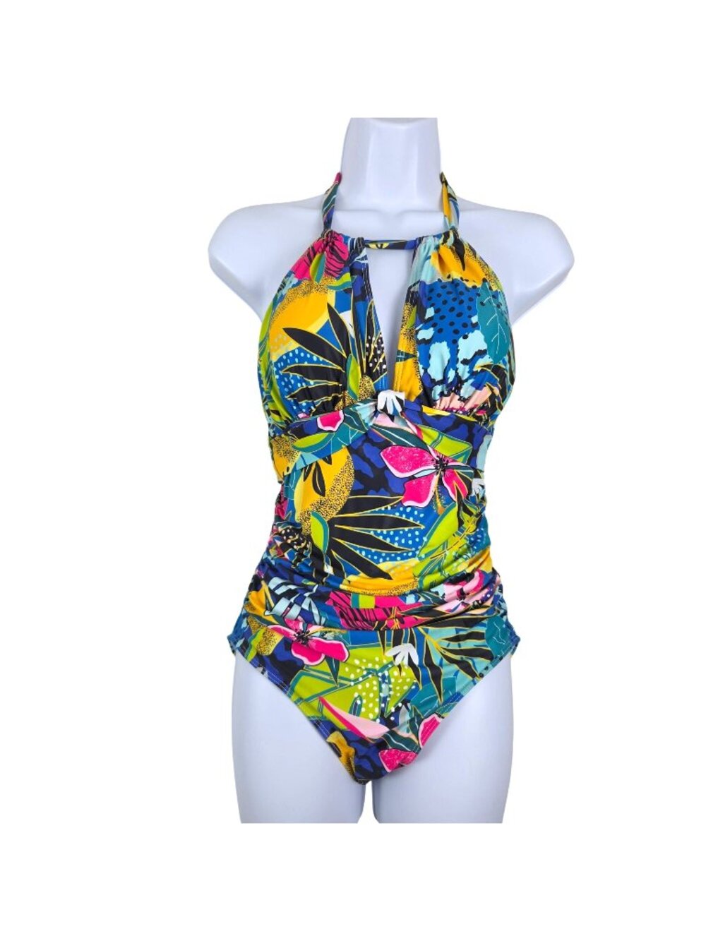 Tempt Me Womens Small Tropical Print Halter One-Piece Swimsuit Tummy Control